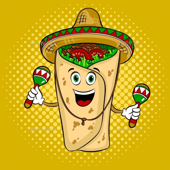 Burrito and Maraca Pop Art Vector Illustration - Food Objects