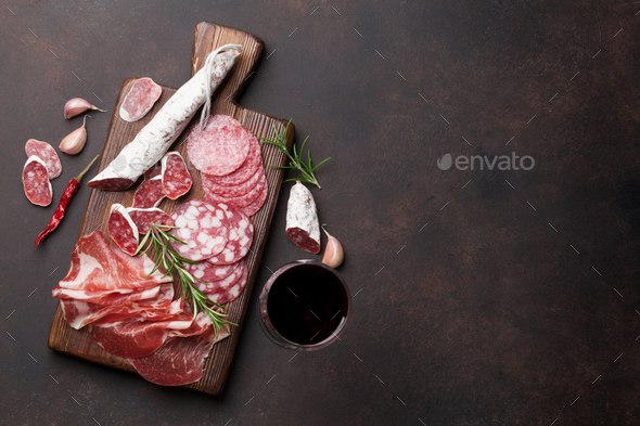 Salami, sausage, prosciutto and wine - Stock Photo - Images