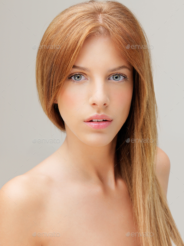 Portrait Young Blonde Woman With Blue Eyes Stock Photo By Shotsstudio