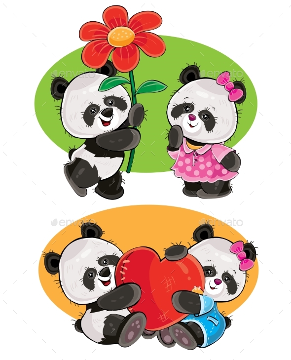 Vector Set with a Couple of Panda Bears in Love - Animals Characters