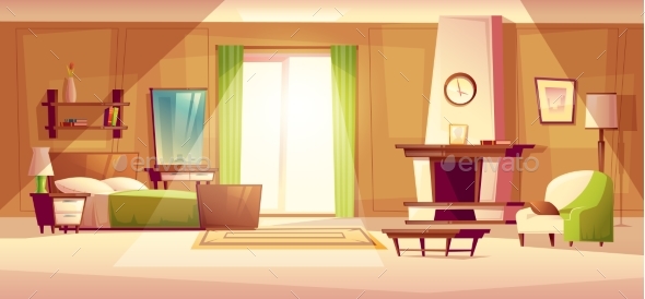 Vector Cartoon Illustration of a Bedroom Interior - Conceptual Vectors