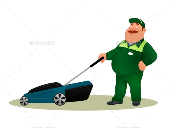 Funny Cartoon Farmer with Lawn Mower. - People Characters