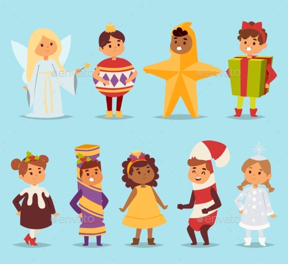 Cute Cartoon Vector Kids Carnival Holiday Costumes - People Characters