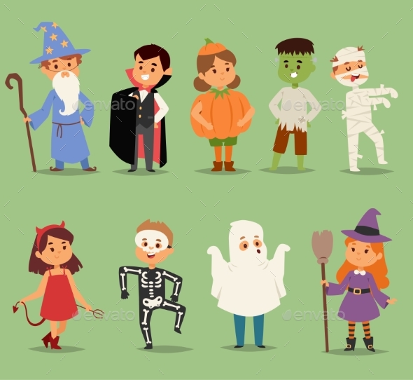 Cartoon Cute Kids Wearing Halloween Costumes - People Characters