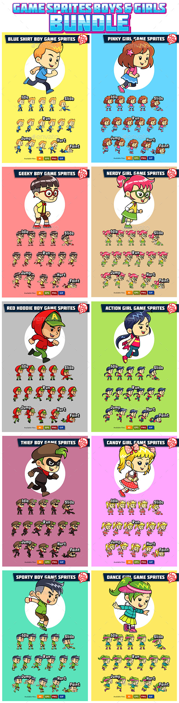 10 Game Sprites Bundle Boys & Girls - Sprites Game Assets