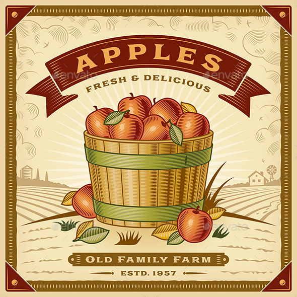 Retro Apple Harvest Label With Landscape - Food Objects