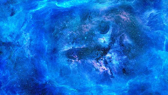 Travel Through Abstract Blue Nebulae in Space