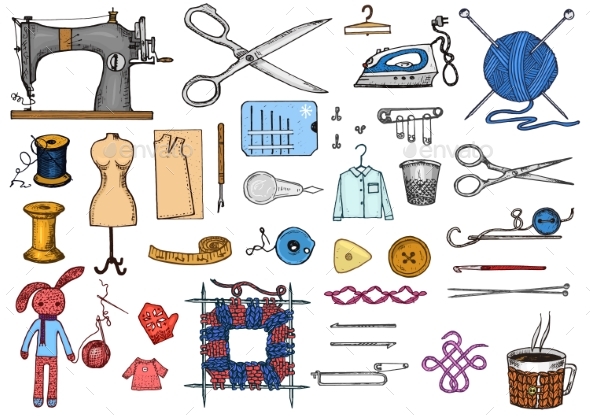 Set of Sewing Tools and Materials or Elements - Miscellaneous Vectors
