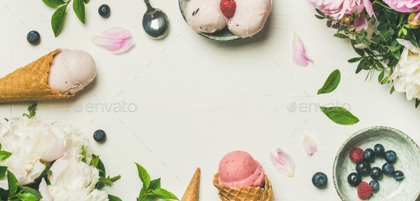 Flat-lay of ice cream scoops and peonies, wide composition - Stock Photo - Images