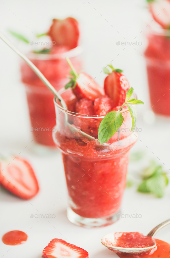 Strawberry and champaigne summer granita in glasses with mint leaves - Stock Photo - Images