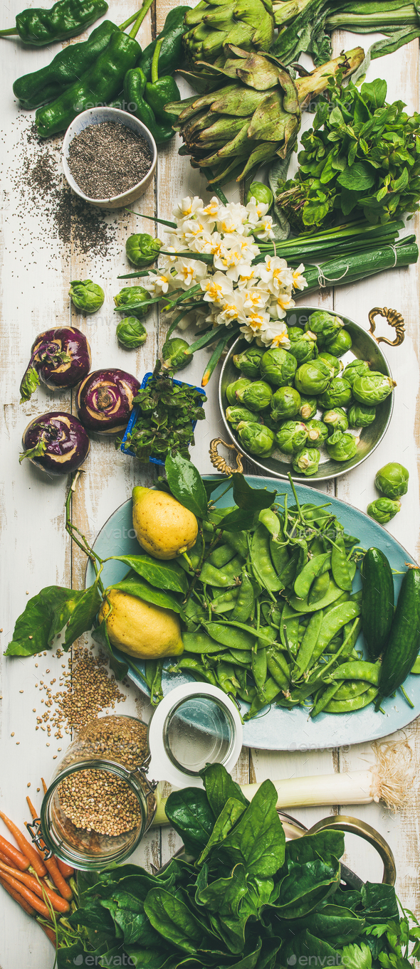 Spring healthy vegan food cooking ingredients, top view, vertical composition - Stock Photo - Images