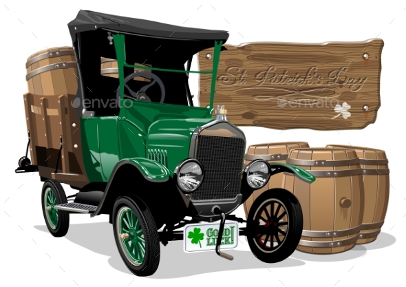 Vector Saint Patrick's Vintage Cartoon Beer Truck - Man-made Objects Objects