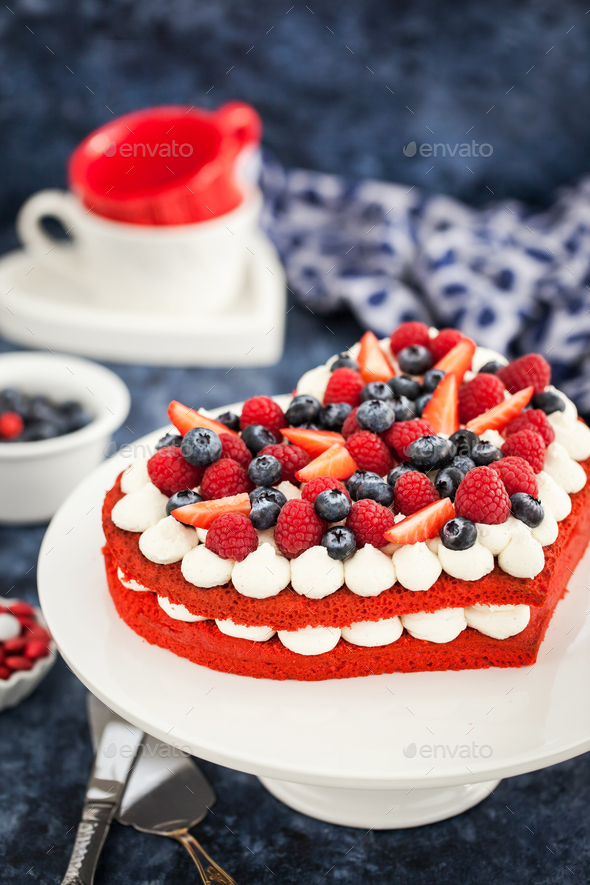 Delicious Homemade Heart Shaped Red Velvet Cake Decorated With C