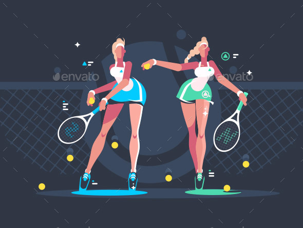 Girls Play Tennis on Court - People Characters