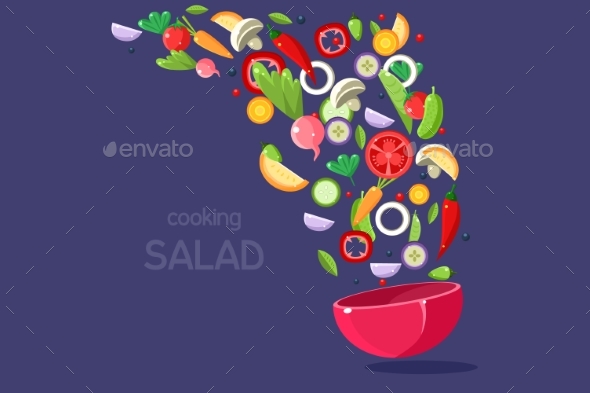 Fresh Vegetables Flying Into a Bowl, Cooking Salad - Food Objects