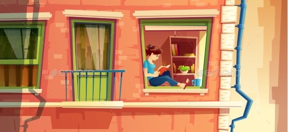 Vector Illustration of Girl Reading the Book - Backgrounds Decorative
