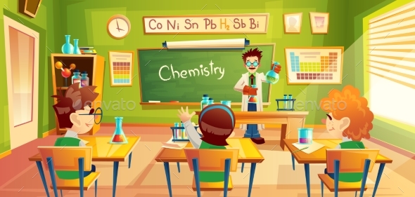 Children at Chemistry Lesson, Vector Illustration - Conceptual Vectors