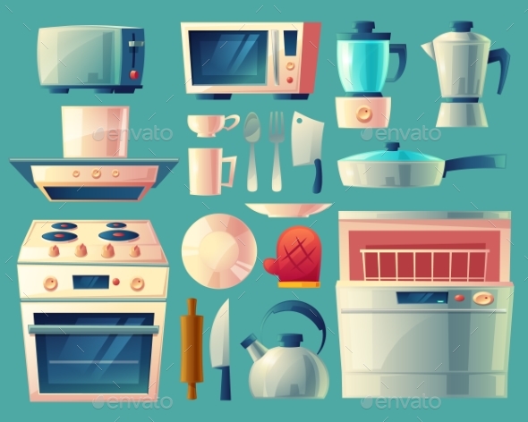 Vector Cartoon Set of Kitchen Appliances - Objects Vectors
