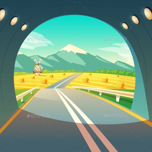 Vector Illustration of Village Landscape, View - Backgrounds Decorative