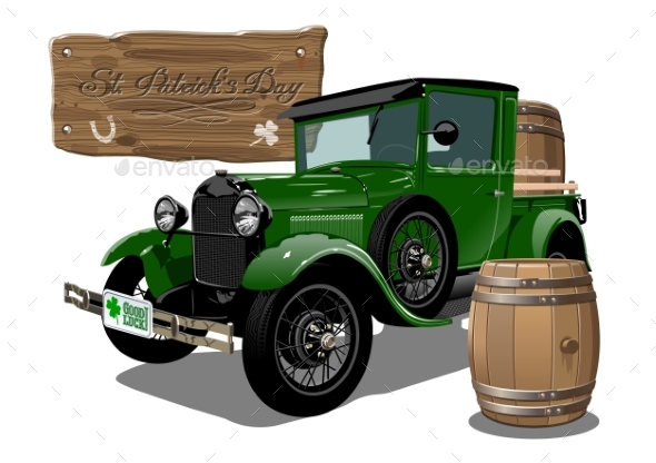 Vector Saint Patrick's Vintage Cartoon Beer Truck - Man-made Objects Objects