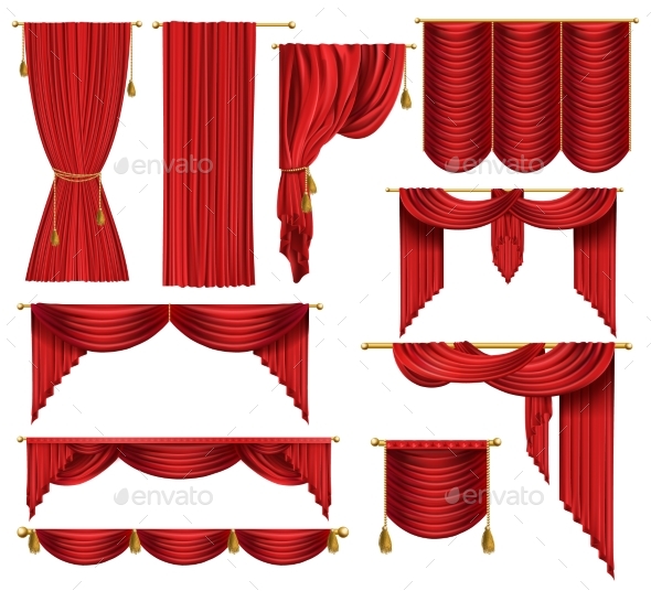 Vector 3d Realistic Set of Red Luxury Curtains - Objects Vectors
