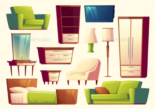 Vector Cartoon Set of Furniture - Sofa, Bed - Objects Vectors