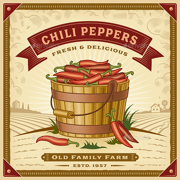 Retro Chili Pepper Harvest Label With Landscape - Food Objects