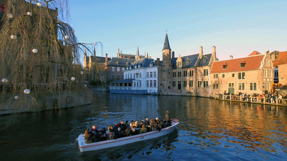 Traditional Canals in Bruges at Sunset