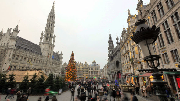 Crowded Brussels Grand Place in Christmas Time Lapse