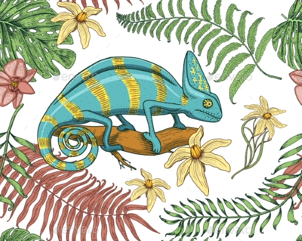 Chameleon Lizard, Tropical Flowers, Seamless - Animals Characters