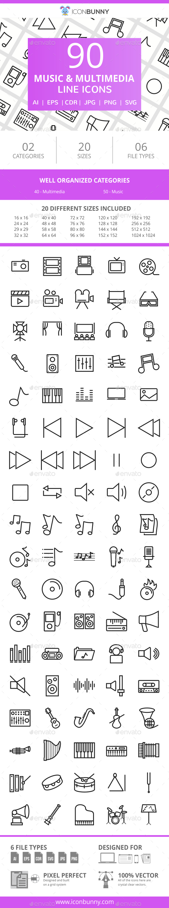 90 Music & Multimedia Line Icons - Icons