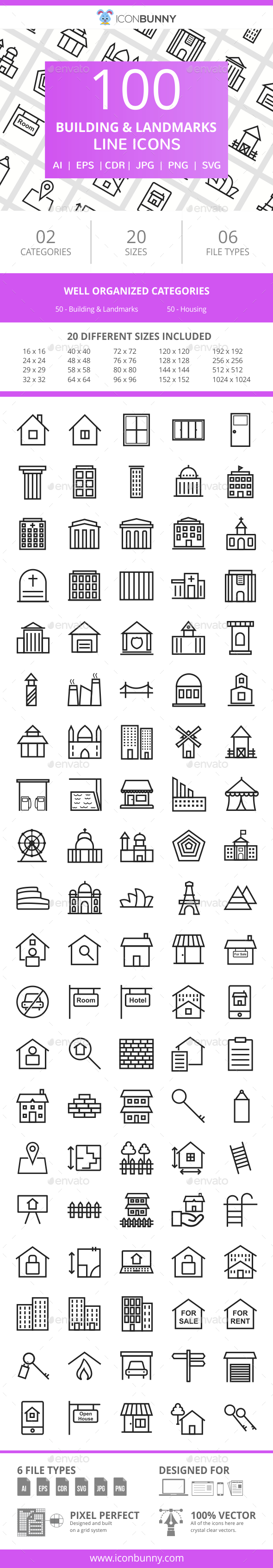 100 Building & Landmarks Line Icons - Icons
