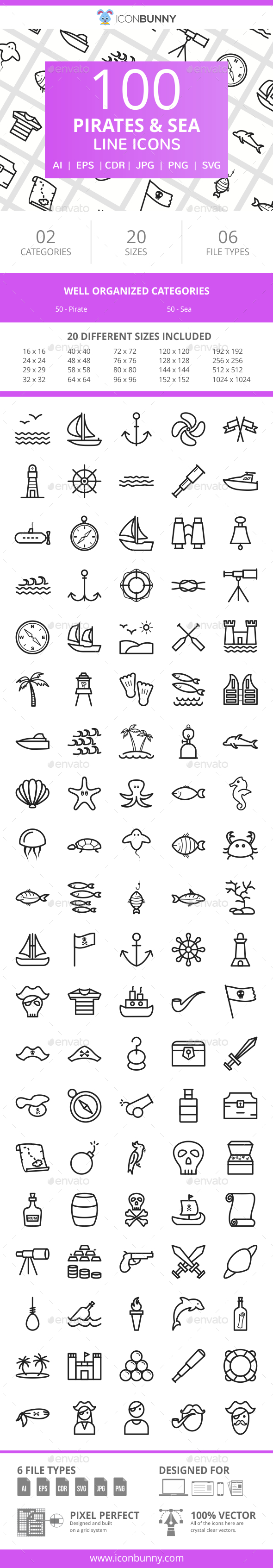 100 Pirate & Sea Line Icons - Icons