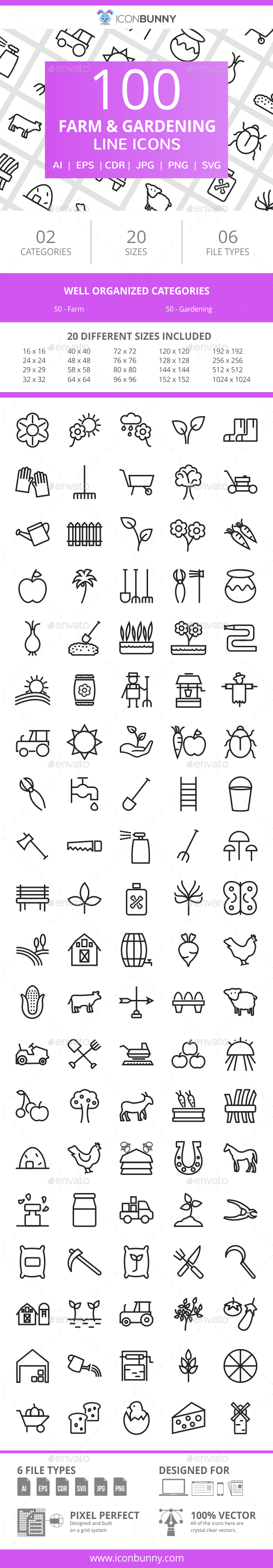 100 Farm & Gardening Line Icons - Icons