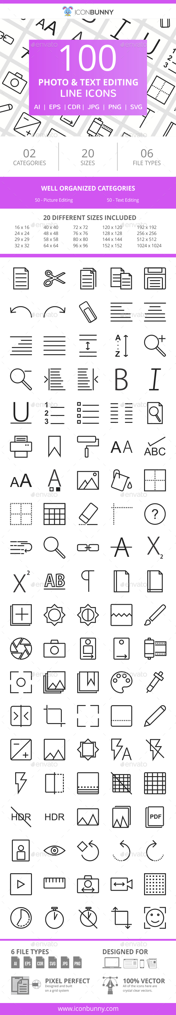 100 Photo & Text Editing Line Icons - Icons