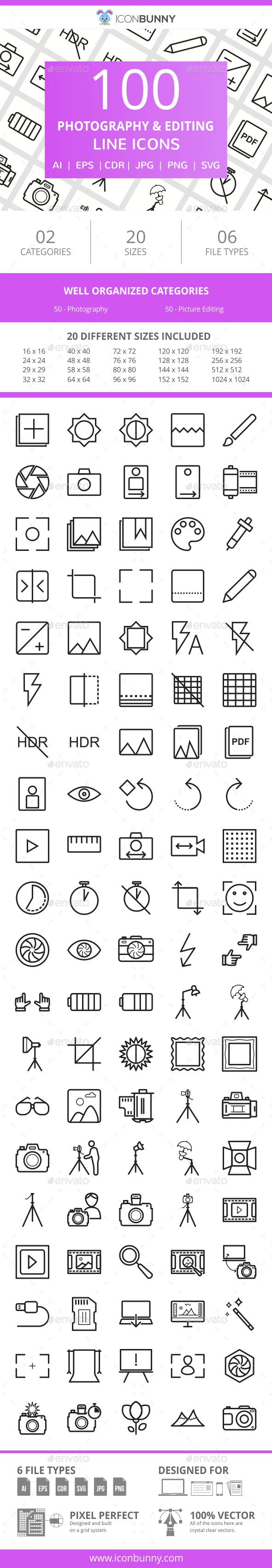 100 Photography & Picture Line Icons - Icons