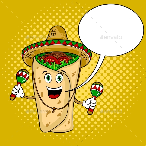 Burrito and Maraca Pop Art Vector Illustration - Food Objects