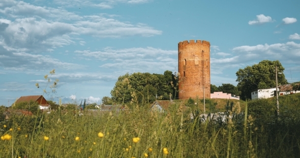Kamyenyets, Brest Region, Belarus. Tower Of Kamyenyets In Sunny Summer Day With Green Grass In alt