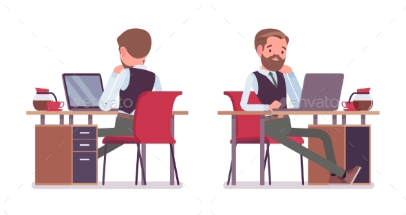 Male Office Employee Sitting at Desk - Business Conceptual