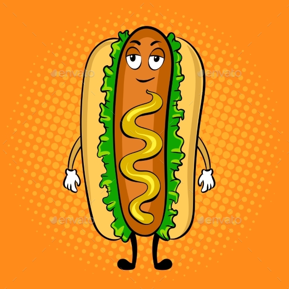 Hot Dog Cartoon Pop Art Vector Illustration - Food Objects