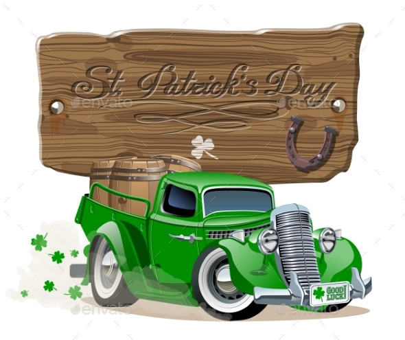 Vector Saint Patrick's Retro Cartoon Beer Pick-up - Man-made Objects Objects