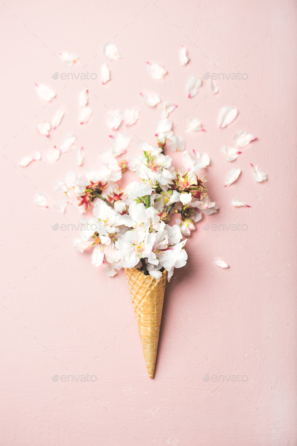Waffle cone with white almond blossom flowers - Stock Photo - Images