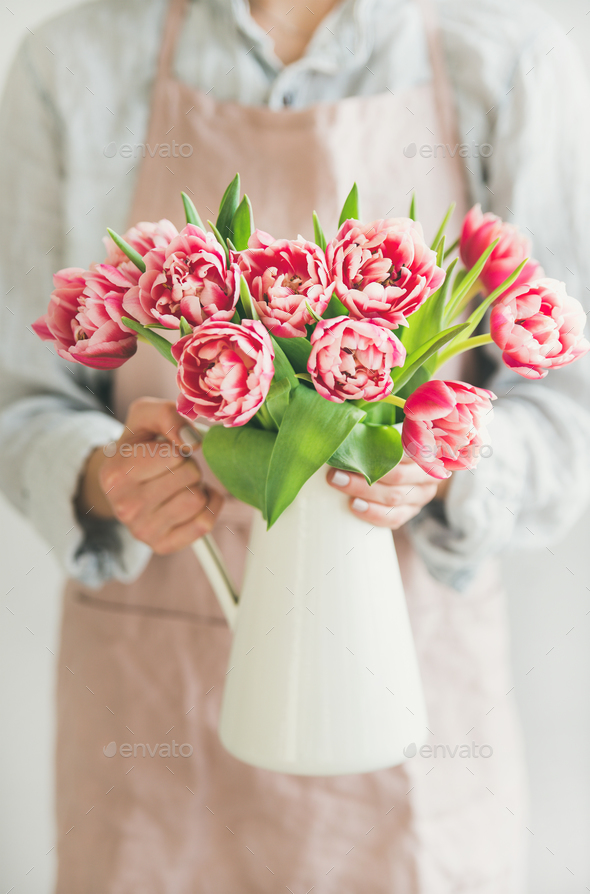 Woman holding white enamel vase with fresh pink tulips - Stock Photo - Images