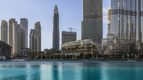 Downtown Dubai Skyline, View From the Dubai Fountain. Modern City Cityscape with Skyscrapers alt
