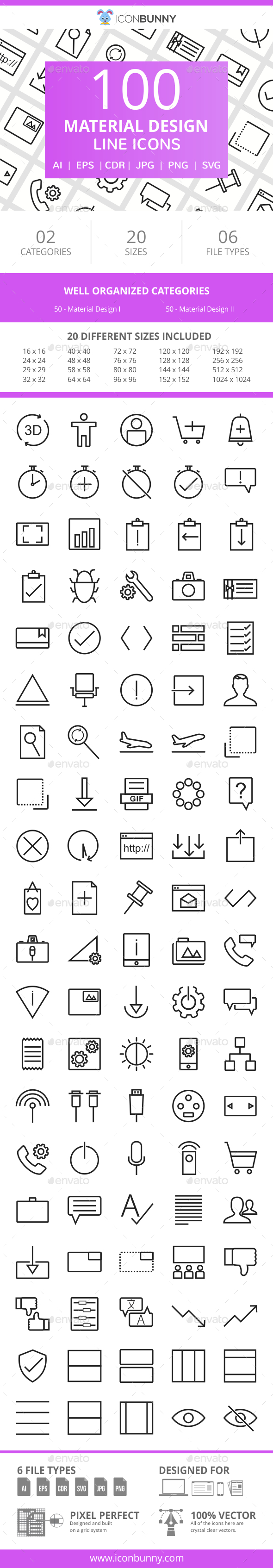 100 Material Design Line Icons - Icons
