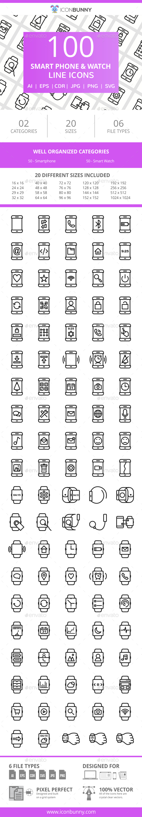 100 Smartphone & Smartwatch Line Icons - Icons