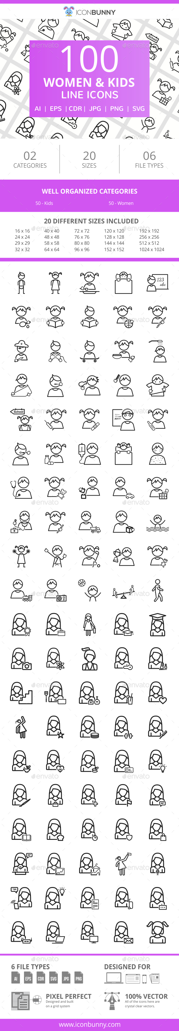 100 Women & Kids Line Icons - Icons