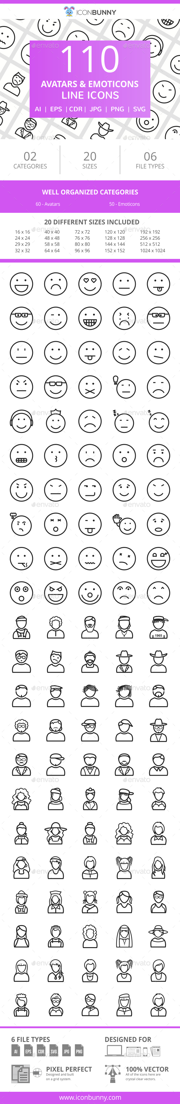 110 Avatars & Emoticons Line Icons - Icons