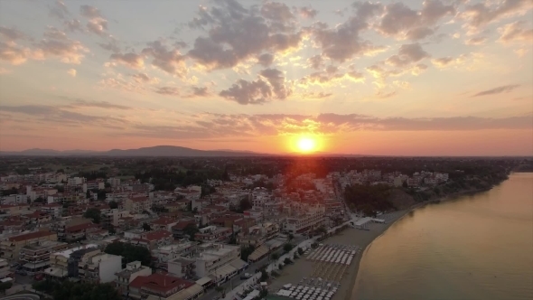 Aerial Panorama of Resort Town and Sea at Sunrise Nea Kallikratia, Greece alt