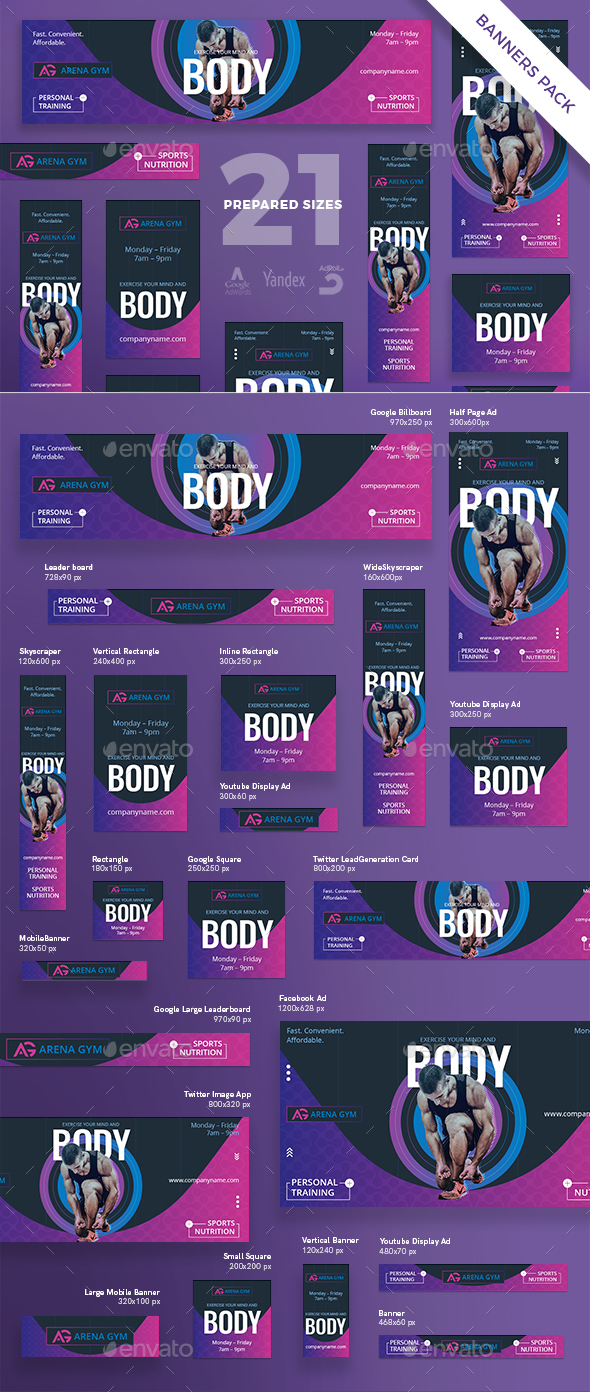 Gym Personal Training Banner Pack - Banners & Ads Web Elements